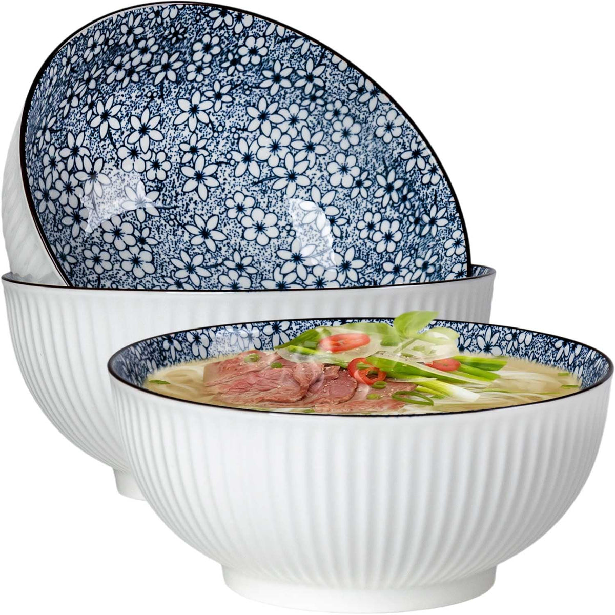 QINLANG 60 oz Large Soup Bowl, Pho Bowls, Japanese Ramen Bowls Set of 3, 8 in Blue and White Porcelain Big Bowls for Eating - 3 Mixing Patterns