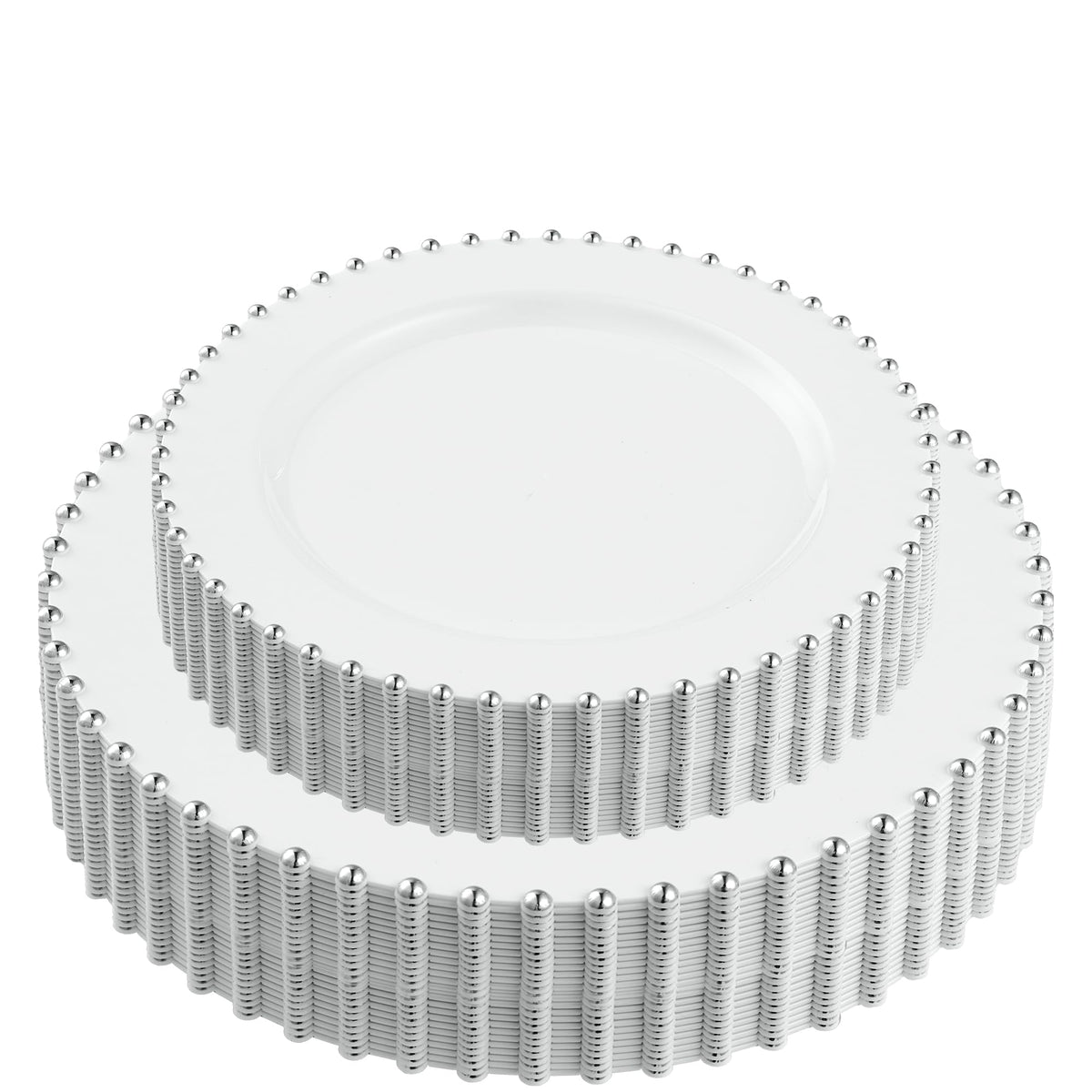 PLASTICPRO 32 Piece Combo Plastic Dinner Plates Disposable Plastic Fancy Heavy Duty Party Dishes 7 inch and 10 inch, White Beaded