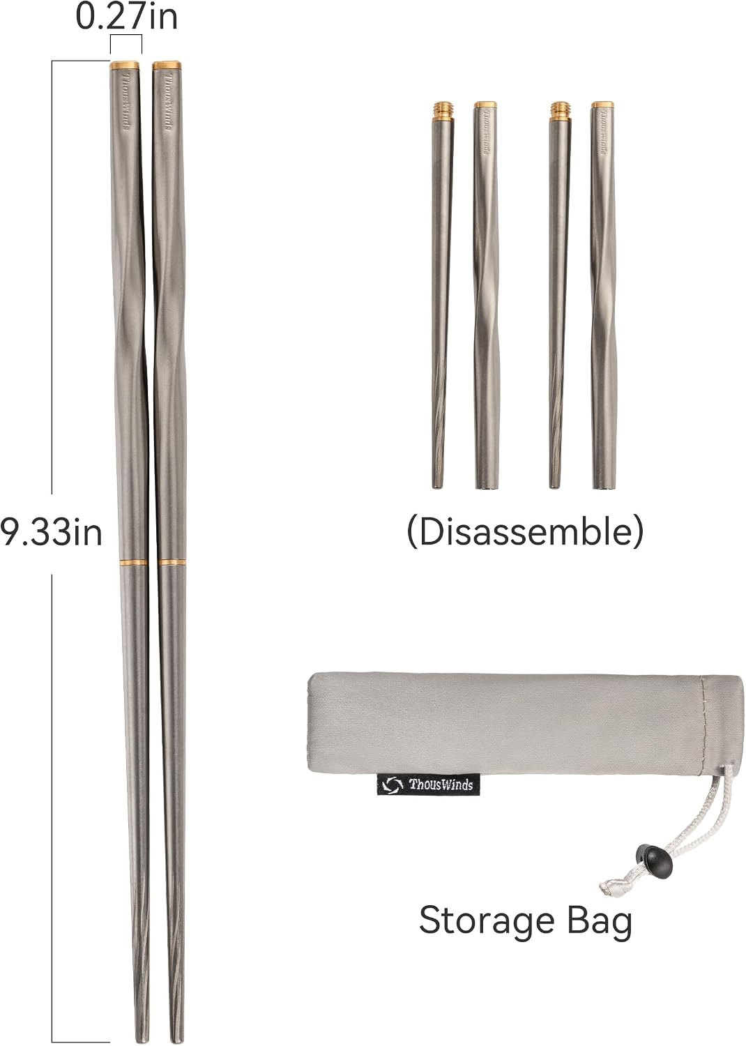 Thous Winds Titanium Chopsticks , Foldable Lightweight Reusable Camping Cutlery, Utensils for Camping Backpacking Hiking Home, with Storage Bag, 2 Pairs