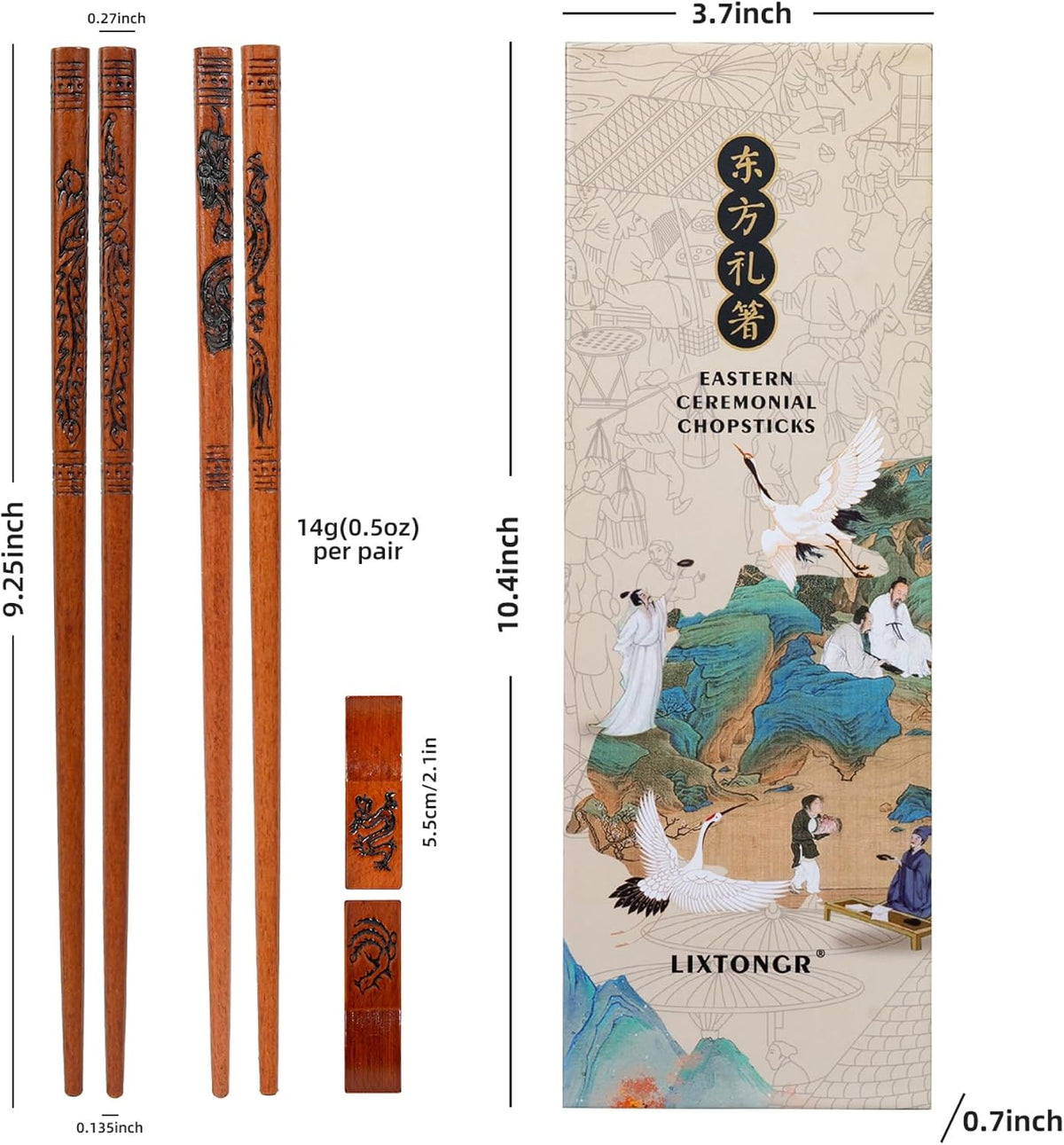Dragon & Phoenix Beech Wood Chopsticks Set, 2 Pairs