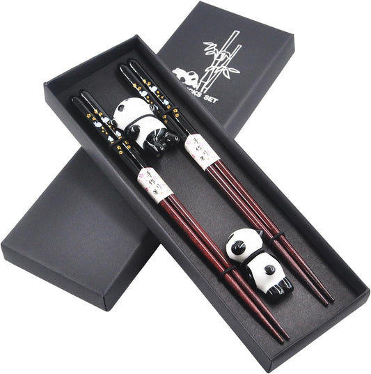 Wooden Japanese Chopsticks Reusable with Ceramic Panda Holders 2 Pair