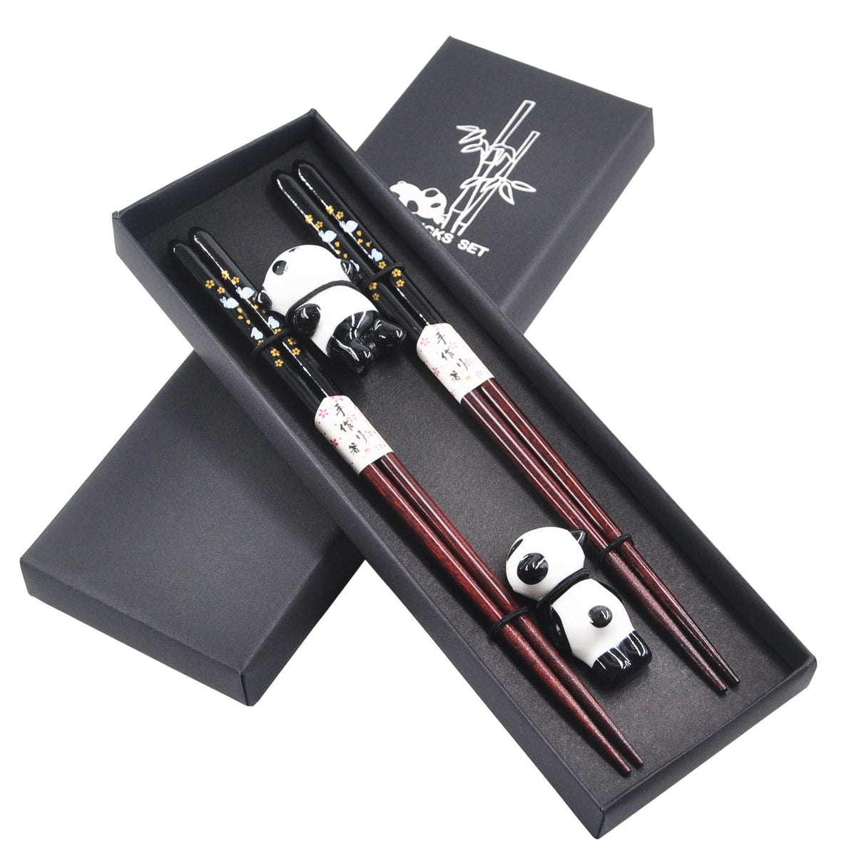Wooden Japanese Chopsticks Reusable with Ceramic Panda Holders 2 Pair
