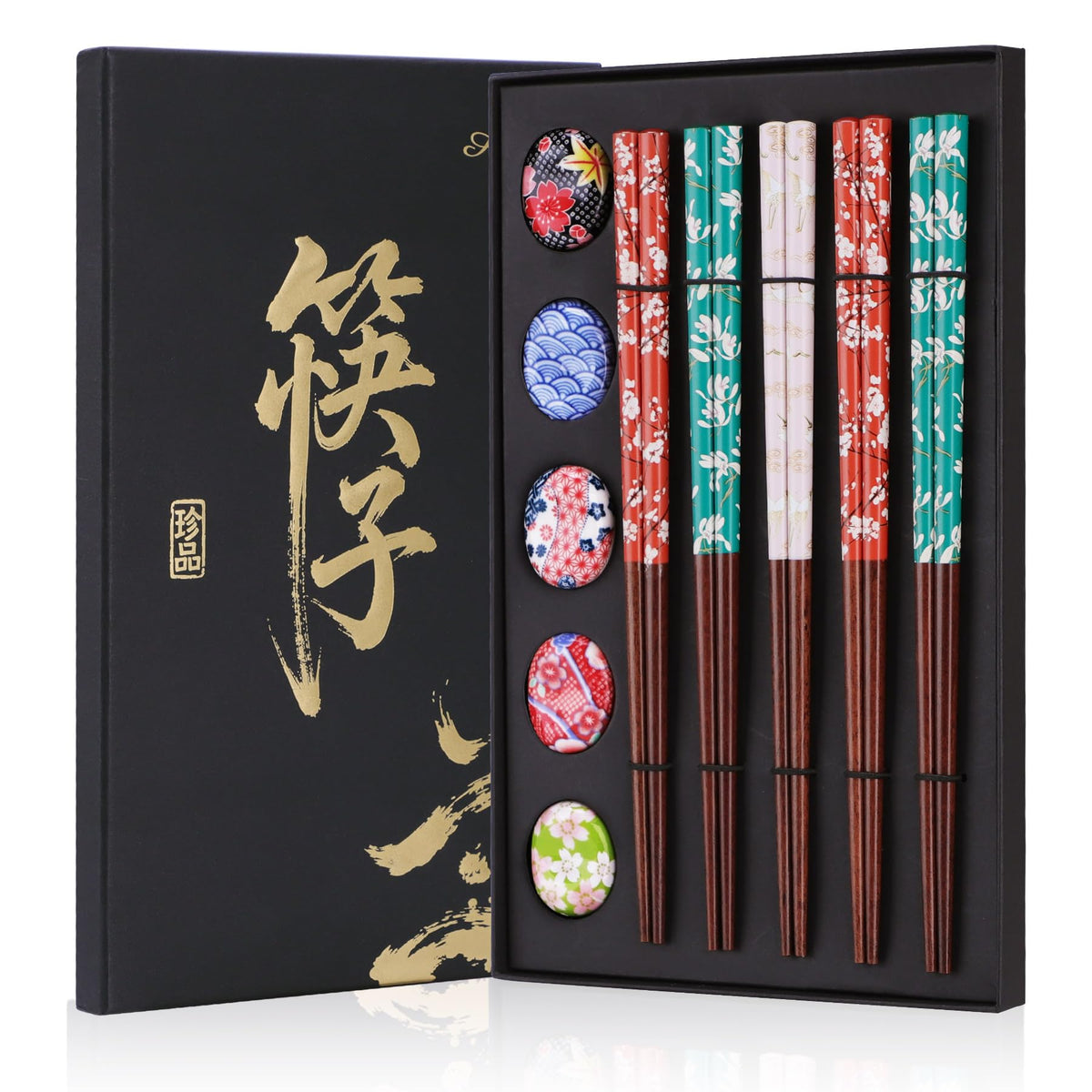 Antner 5 Pairs Reusable Bamboo Chopsticks with Ceramic Rests, 8.8 Inch Japanese Style Chop Sticks with Chopstick Holders for Sushi Ramen Asian Cuisine, Elegant Black Gift Box for Home or Gift Giving