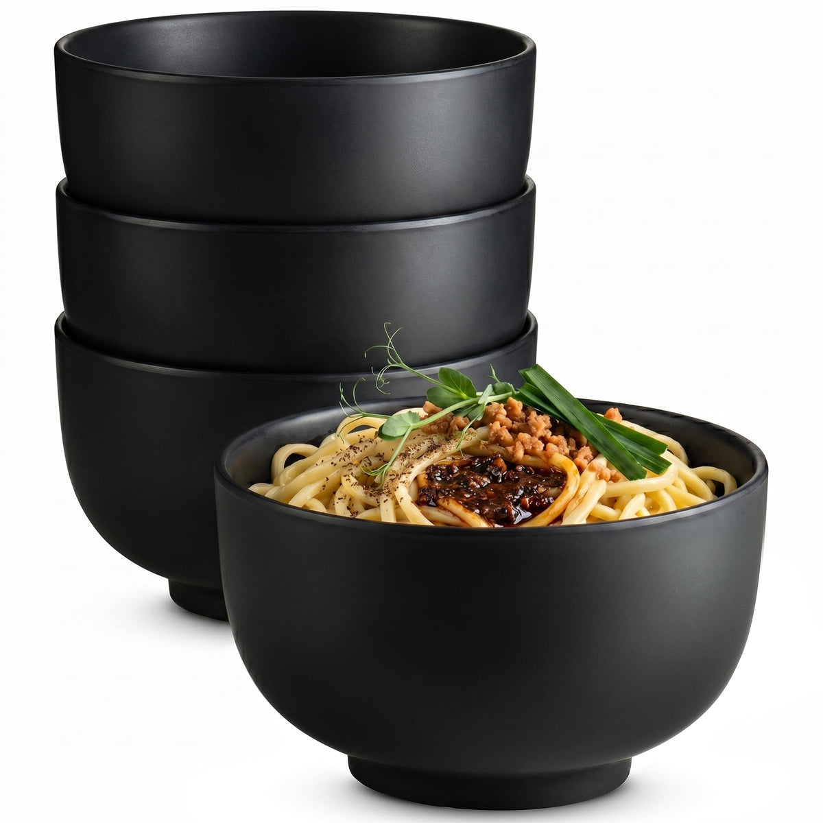 KooK Ramen Bowl, Japanese Bowls, Noodle Bowls, Large Soup Bowl, Ceramic, Large Capacity, For Ramen, Pho, Udon, Soba, Microwave and Dishwasher Safe, 34 oz, Set of 4 (Black/Red)