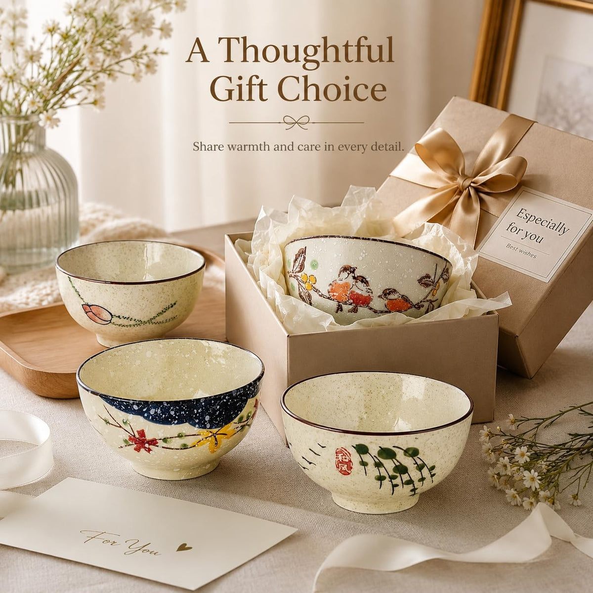 clothmile 4.5 Inch Japanese Retro Rice Bowls Set of 6 Japanese Style Hand-Painted Floral Plum Ceramic Bowls for Cereal, Soup, Dessert, Snack, Fruit, Salsa for Xmas Holiday Present