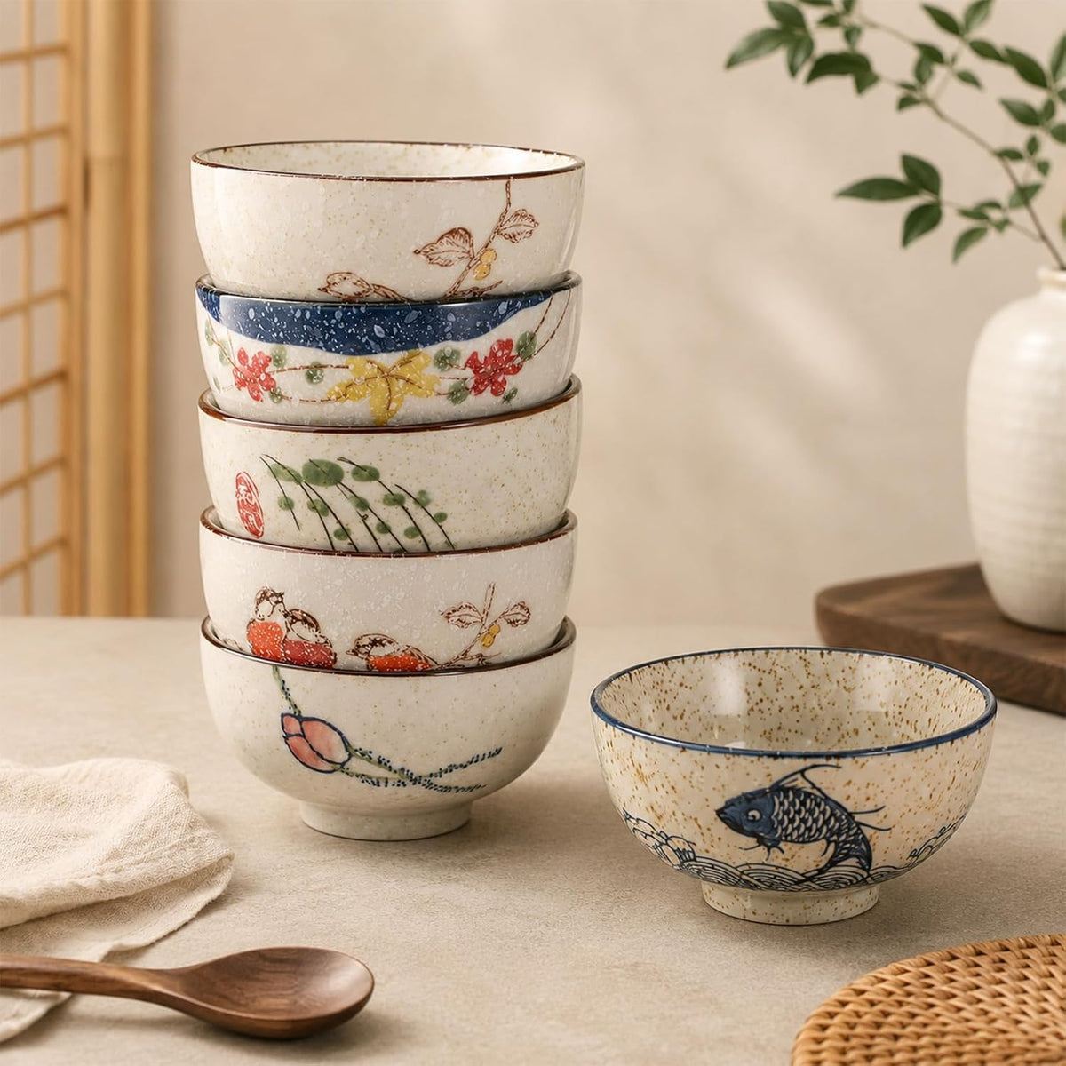 6 Pack Japanese Retro Rice Bowls Set