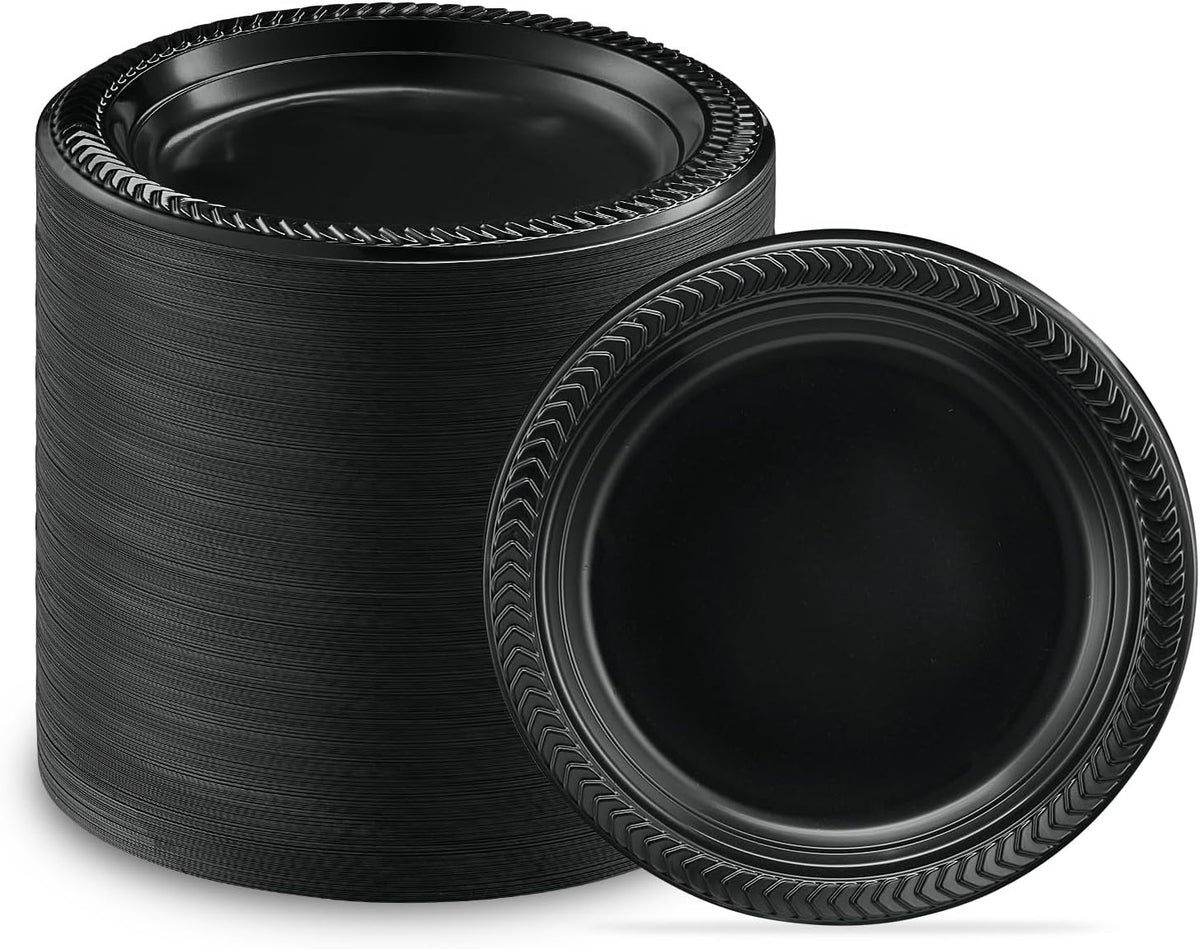 PLASTICPRO 100 PCS Black Plastic Plates Light Weight 9 Inch Plastic Dinner Plates Black Plates Disposable for Party and Wedding