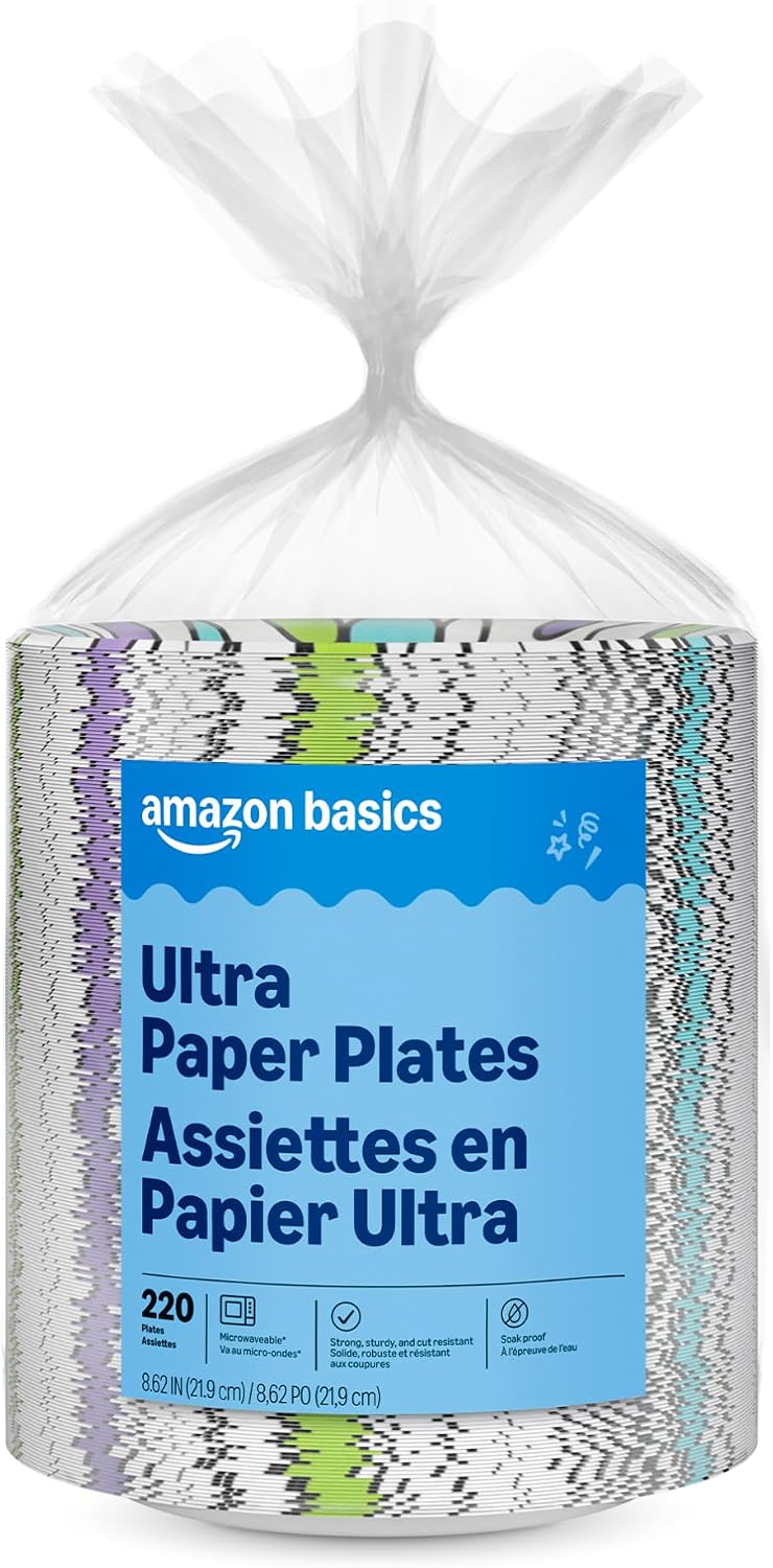 Amazon Basics Ultra Paper Plates, 8.62 Inch, Disposable, 880 Count (4 Pack of 220), Packaging May Vary