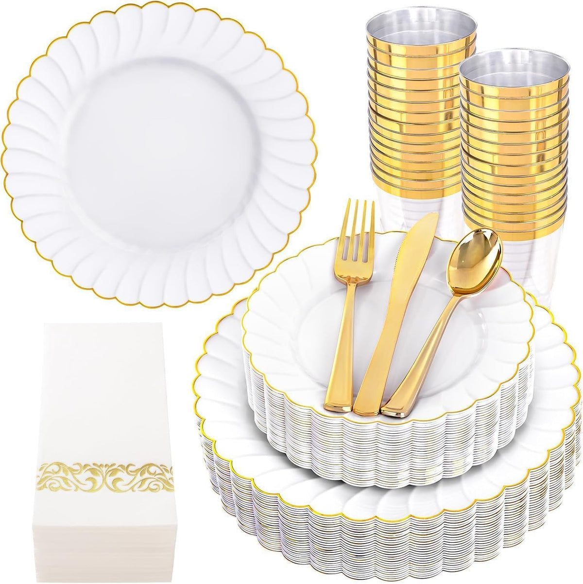 YOUBET 350PCS Ivory Scalloped Plastic Plates for Wedding Party