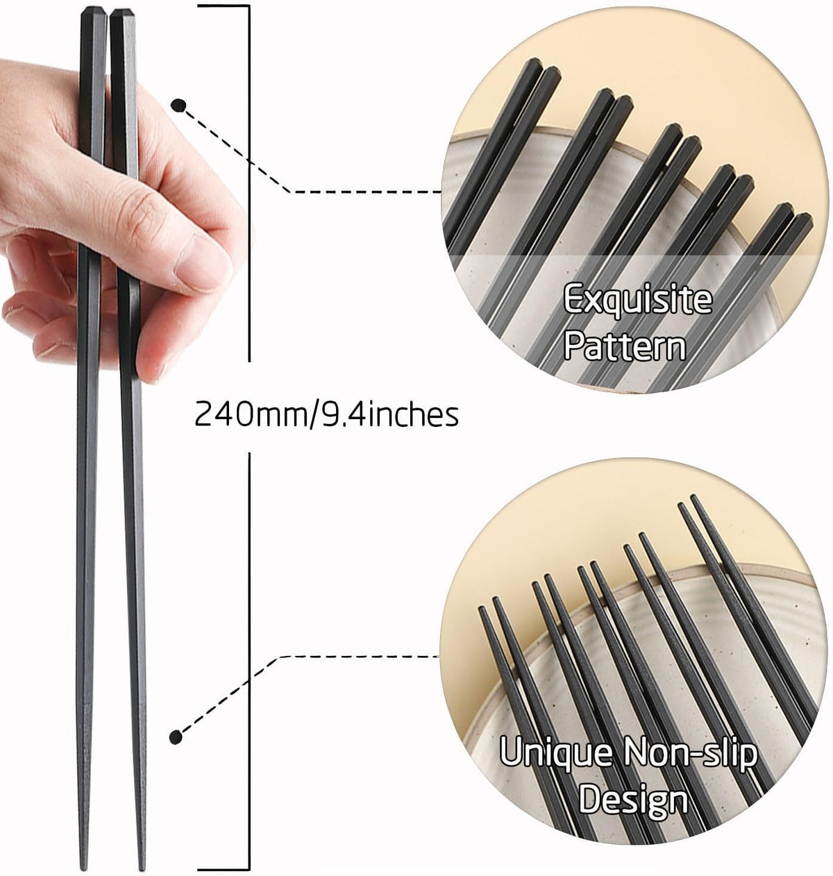 200 Pairs Hexagonal Fiberglass Sushi 24cm/9.4 Inch Dishwasher Safe Non-Slip Chopsticks,Japanese Style Black for Restaurant & Party.