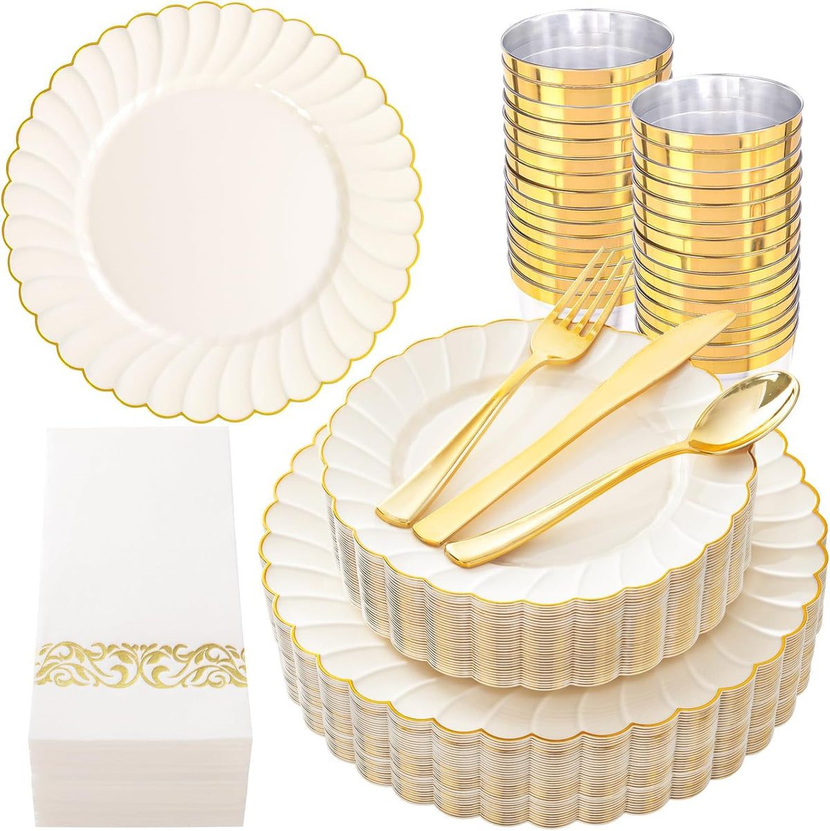YOUBET 350PCS Ivory Scalloped Plastic Plates for Wedding Party