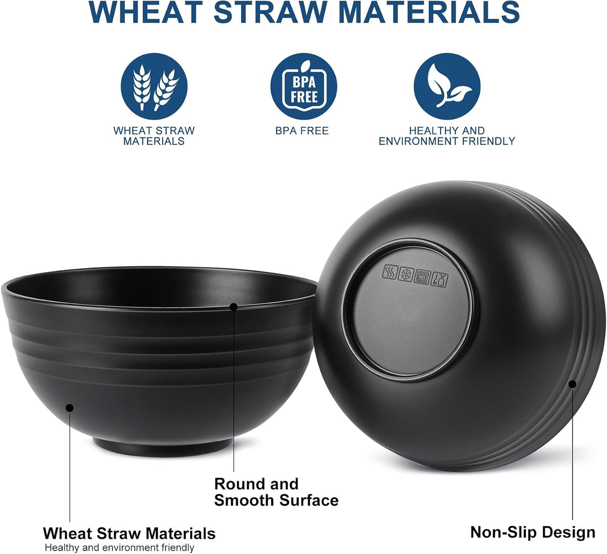 HOTEC 26oz BPA Free Wheat Straw Cereal Plastic Bowls, Set of 8 Black