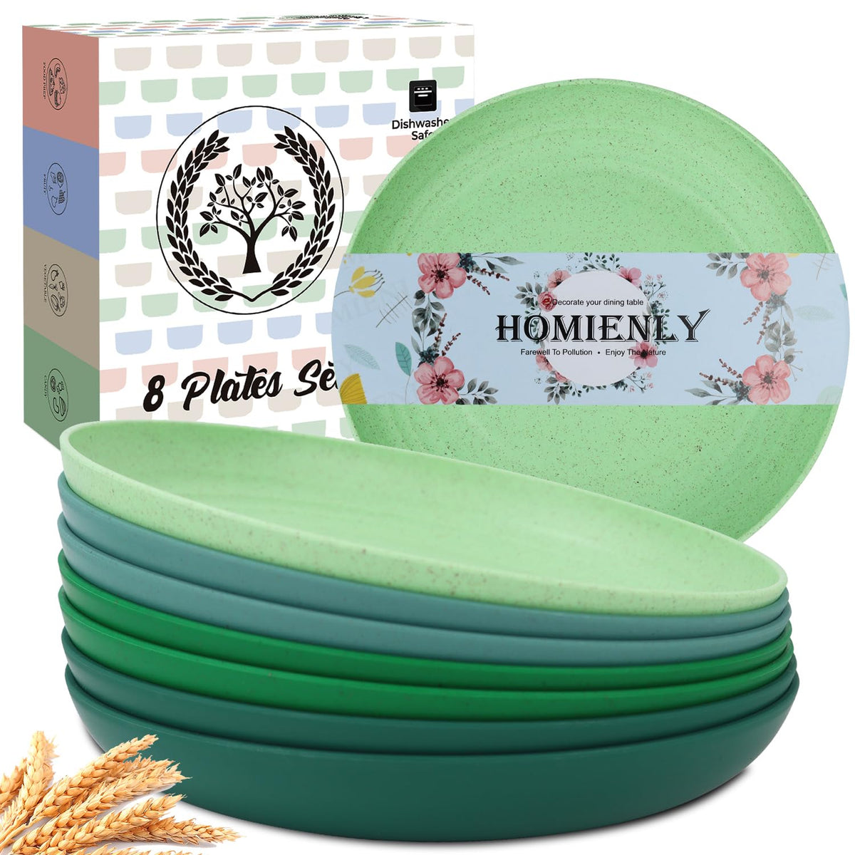 Homienly Deep Dinner Plates Set of 8 Alternative for Plastic Plates Microwave and Dishwasher Safe Wheat Straw Plates for Kitchen Unbreakable Kids Plate Set with 4 Colors (Classic Bright, 9 inch)