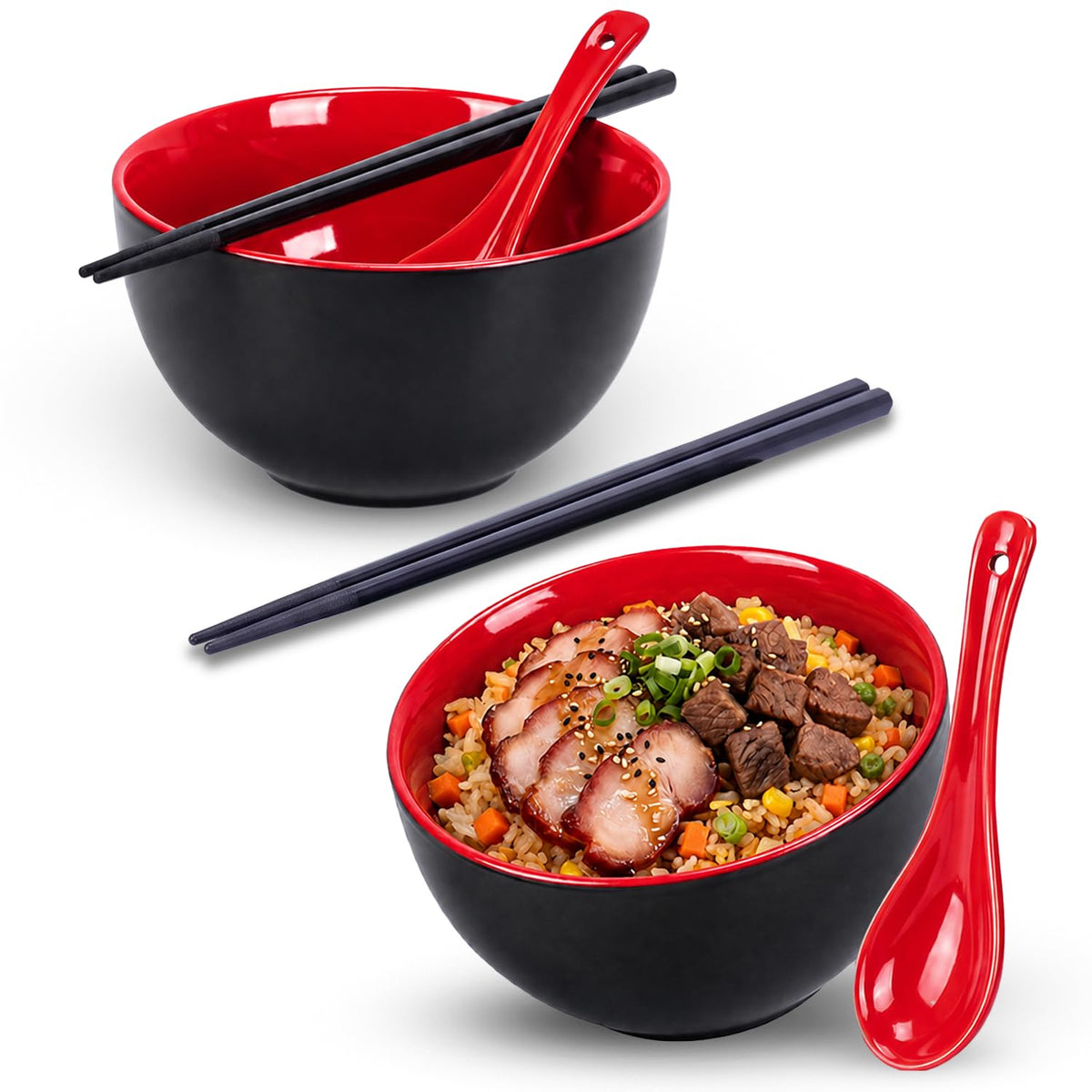 Rice Bowl Set of 2 with Chopsticks and Spoons, 5.4" Black and Green, 25 oz