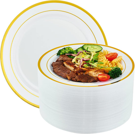 Vplus 100 Pack 10 in Gold Rimmed White Disposable Plastic Plates for Party