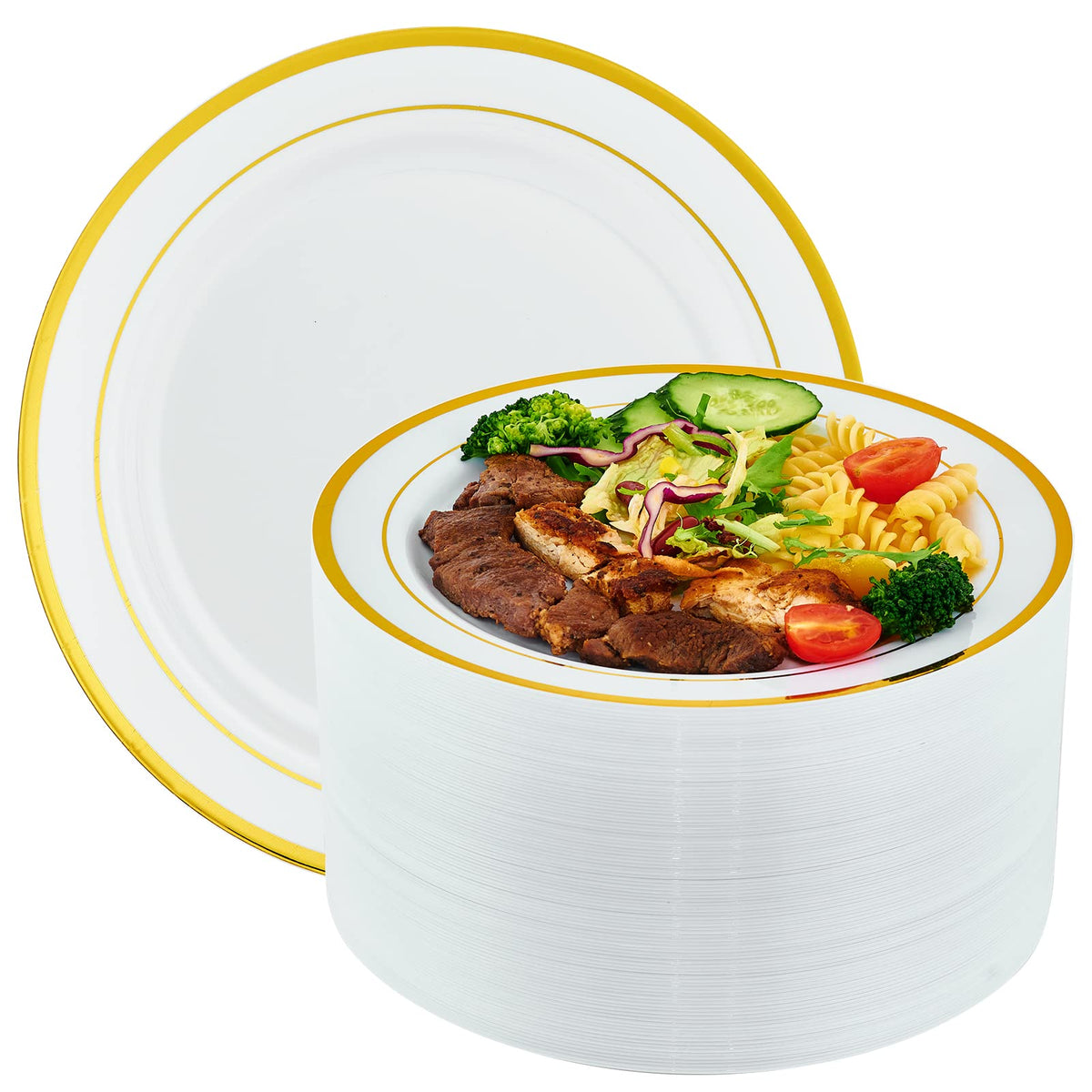 Vplus 100 Pack 10 in Gold Rimmed White Disposable Plastic Plates for Party