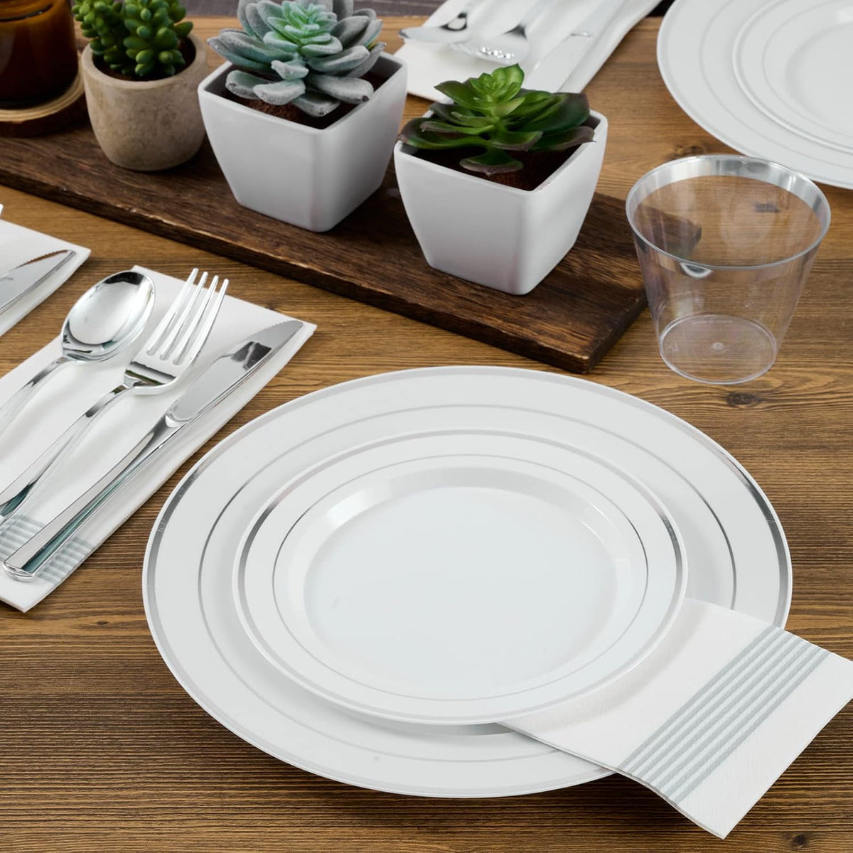 FOCUSLINE Silver Plastic Plates Set of 60,Disposable Plates with Silver Rim