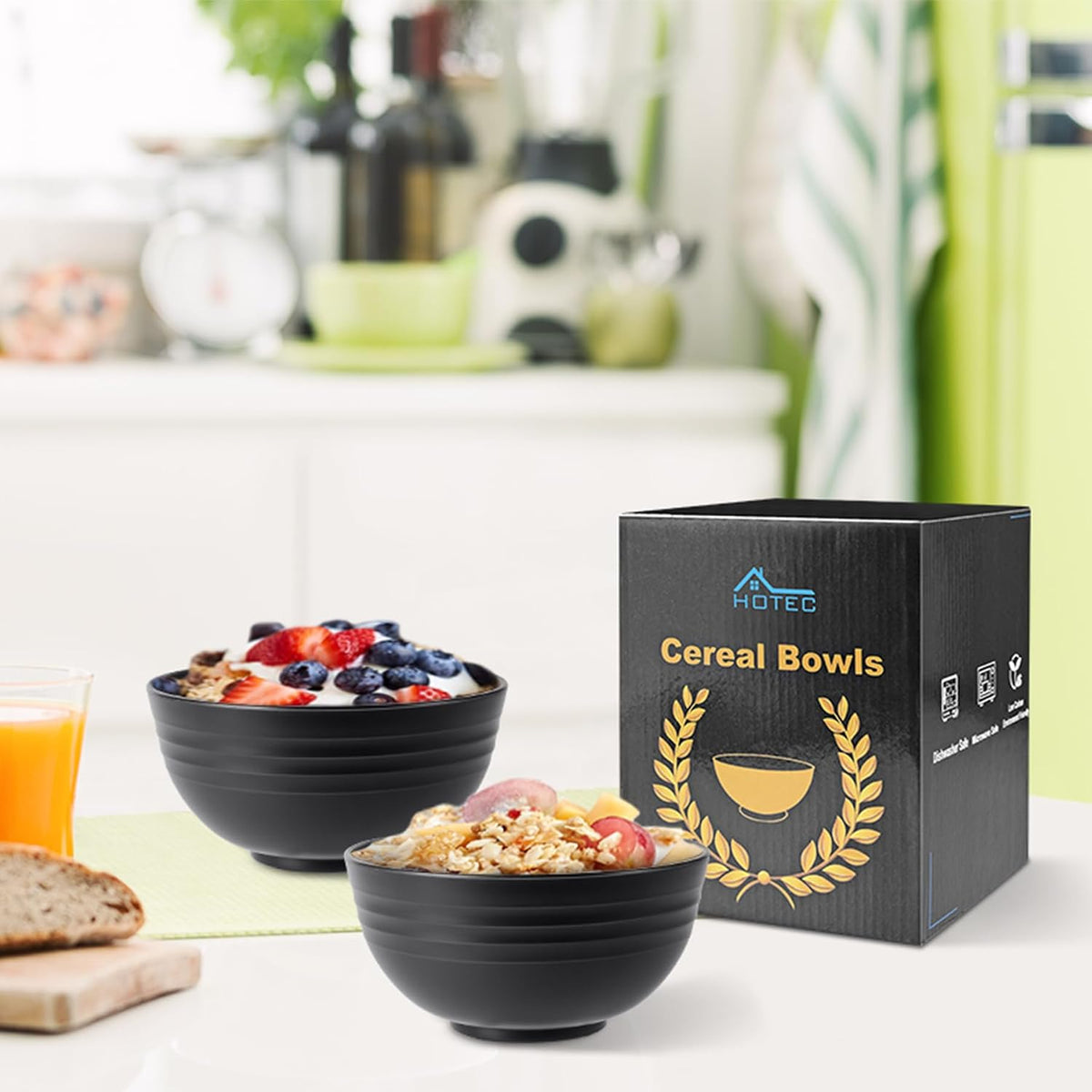 HOTEC 26oz BPA Free Wheat Straw Cereal Plastic Bowls, Set of 8 Black