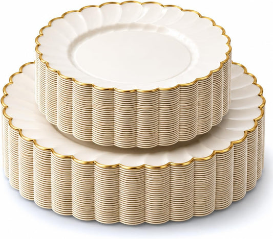 By Madee HEAVYWEIGHT Ivory Gold Scalloped Disposable Plates for Party 60 Pc