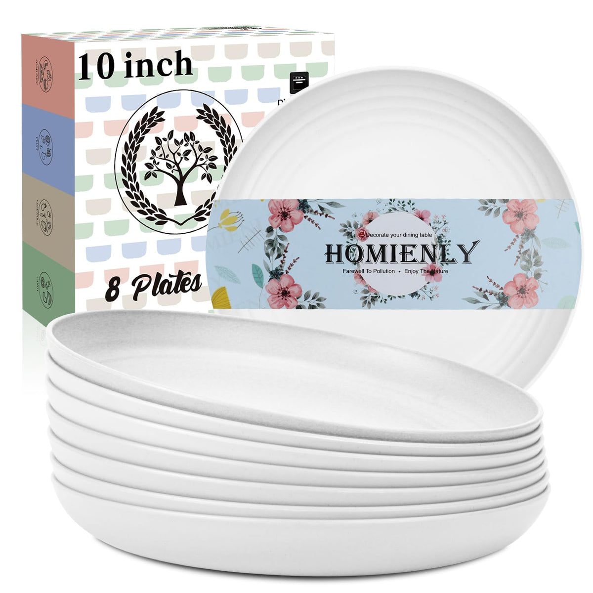 Homienly Deep Dinner Plates Set of 8 Alternative for Plastic Plates Microwave and Dishwasher Safe Wheat Straw Plates for Kitchen Unbreakable Kids Plate Set with 4 Colors (Classic Bright, 9 inch)