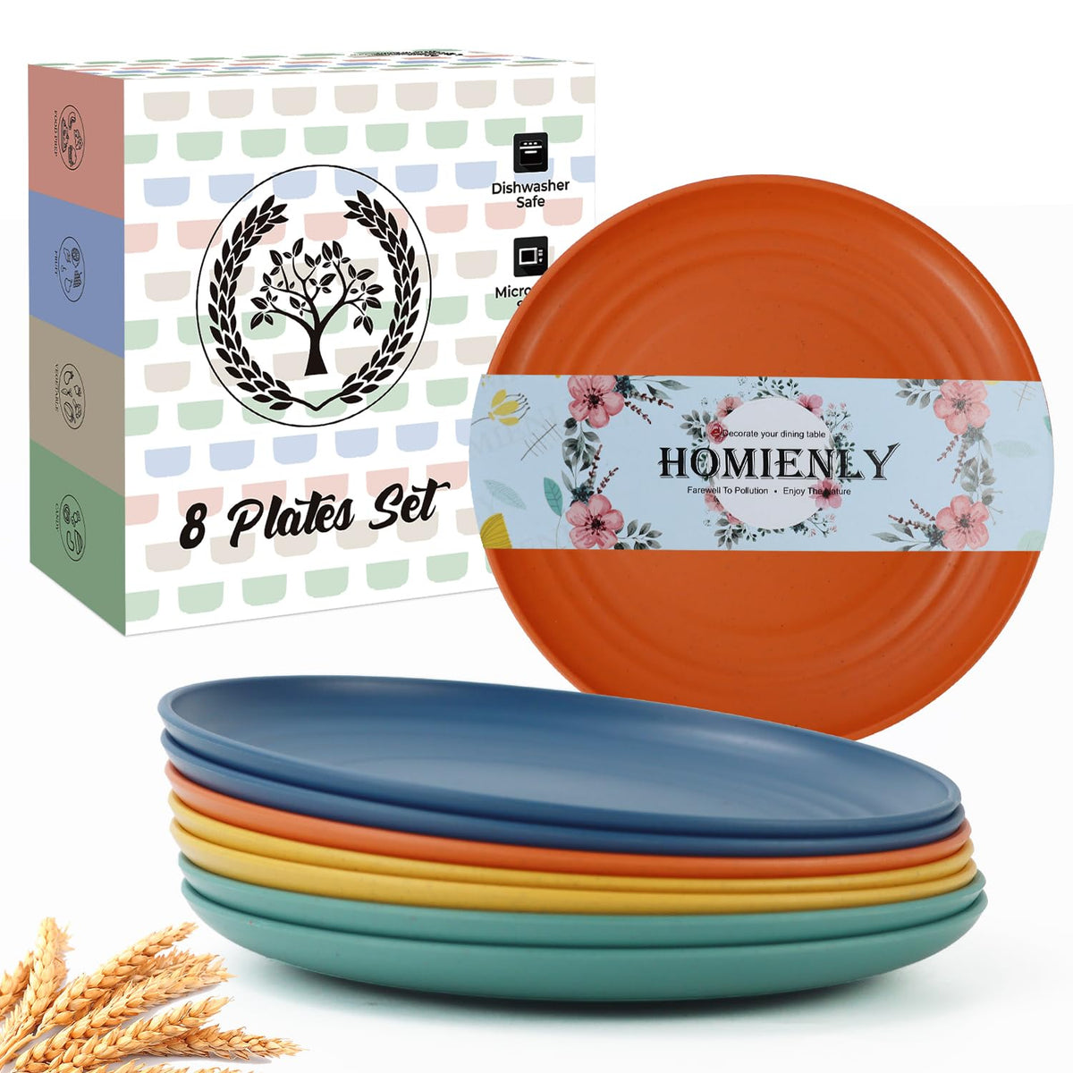 Homienly Deep Dinner Plates Set of 8 Alternative for Plastic Plates Microwave and Dishwasher Safe Wheat Straw Plates for Kitchen Unbreakable Kids Plate Set with 4 Colors (Classic Bright, 9 inch)