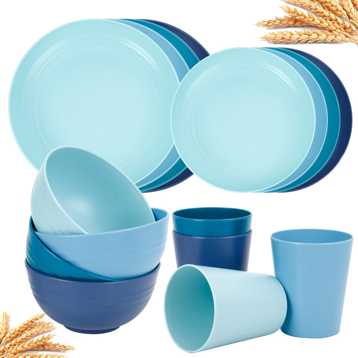 Rubtlamp Wheat Straw Dinnerware Sets, 16PCS Plastic Dinnerware Set for 4, Wheat Straw Plates and Bowls Sets, Unbreakable Dinnerware Plastic Microwave Safe Dishes Set for Kitchen&Camping