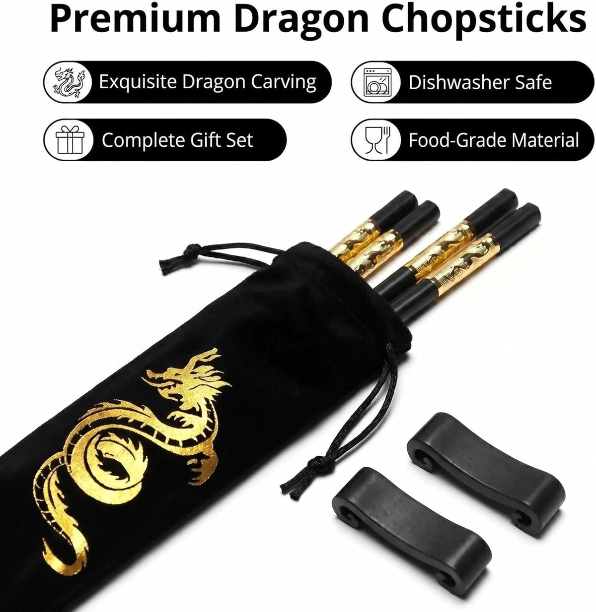 Youda Golden Dragon Chopsticks Set-Premium Alloy Metal Reusable Chopsticks with Holder & Gift Bag, Traditional Chinese & Japanese Style Design, Dishwasher Safe, Elegant Gift Box (2 Pairs)