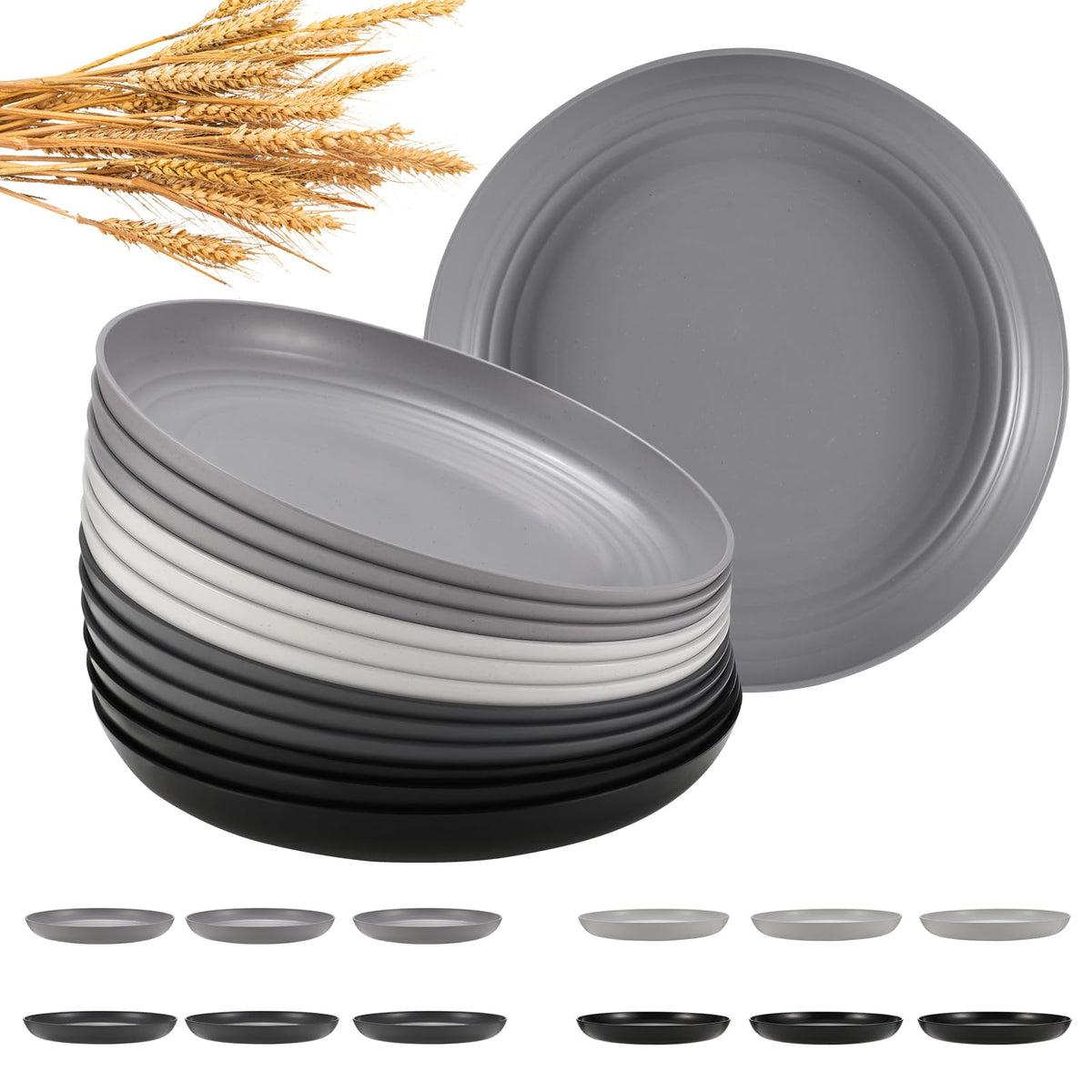 HEYCOME 12 Pcs Unbreakable Deep Dinner Plates Set, 10 inch Reusable Plastic Wheat Straw Plates, Microwave and Dishwasher Safe Plate for Kitchen, Lightweight Plate for Dessert, BPA Free, 6 Colors