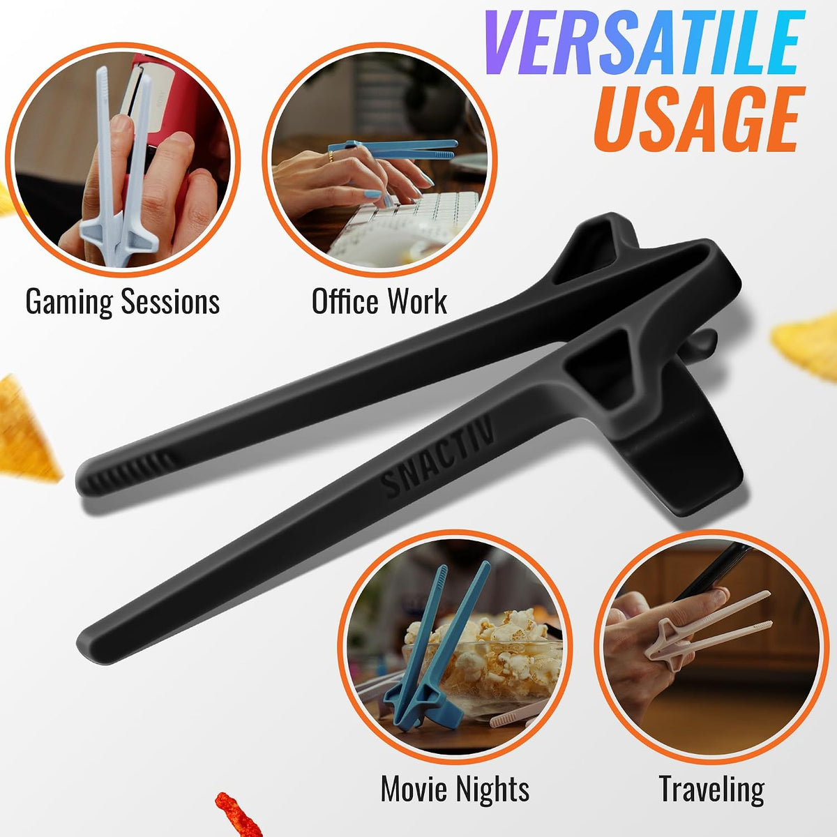 SNACTIV LITE Finger Chopsticks for Gamers 4PC Bundle - As Seen on Shark Tank! The Official Snacking Tool of the Future - Enjoy Snacks and Chips with Ease - Innovative Gaming Snacking Solution