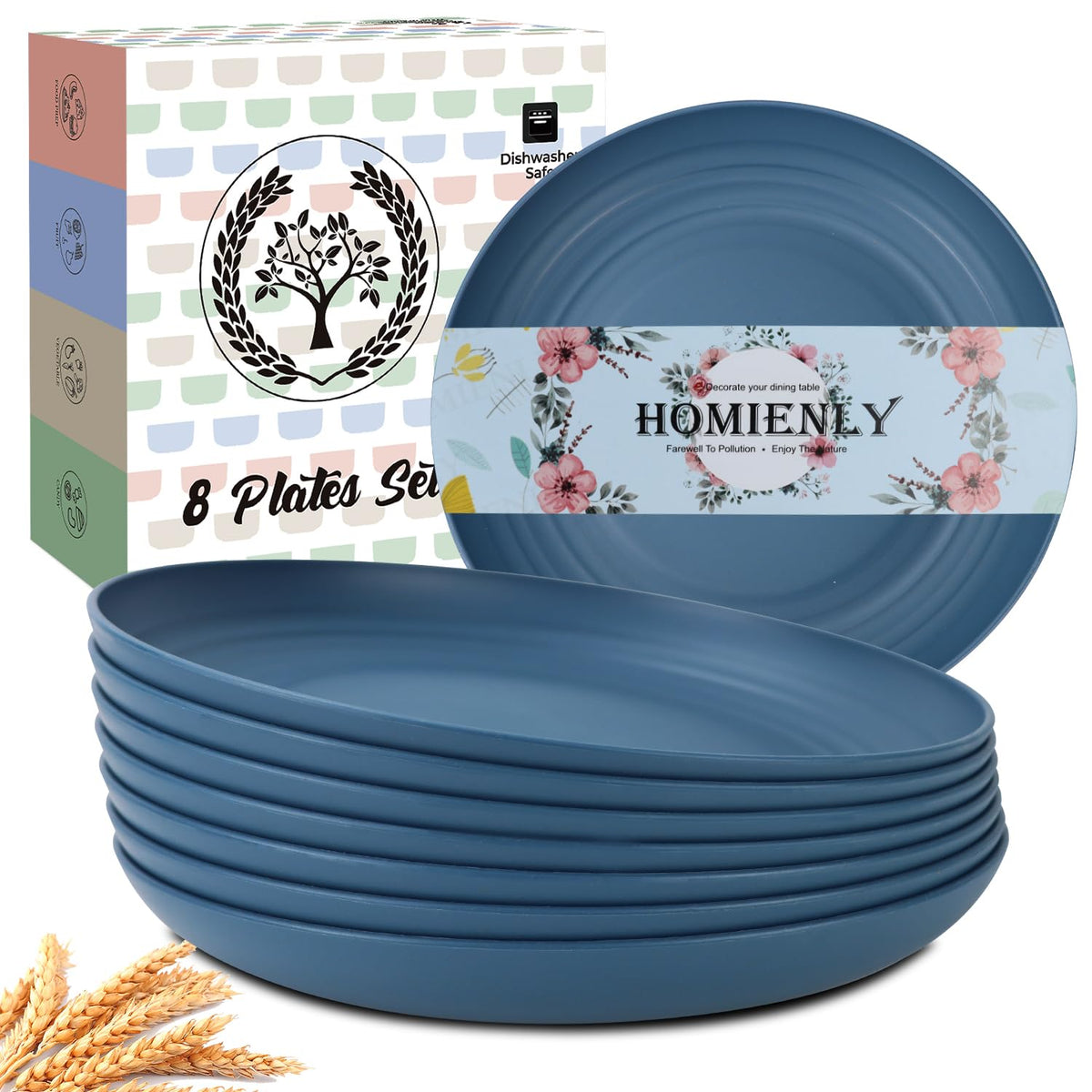 Homienly Deep Dinner Plates Set of 8 Alternative for Plastic Plates Microwave and Dishwasher Safe Wheat Straw Plates for Kitchen Unbreakable Kids Plate Set with 4 Colors (Classic Bright, 9 inch)