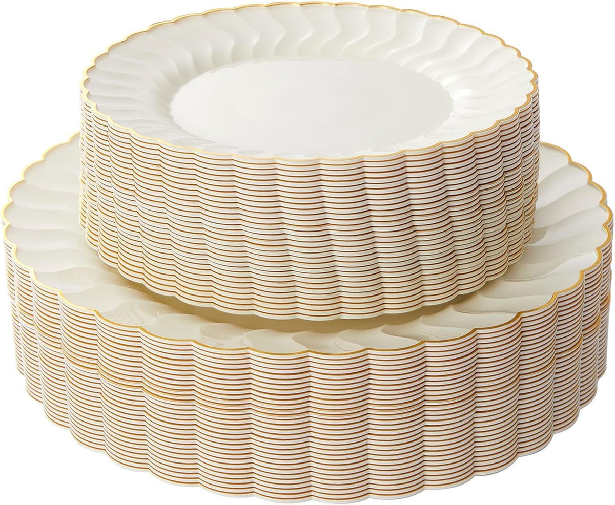 Lullaby 60PCS Ivory Scalloped Plastic Plate with Gold Rim for Party Wedding