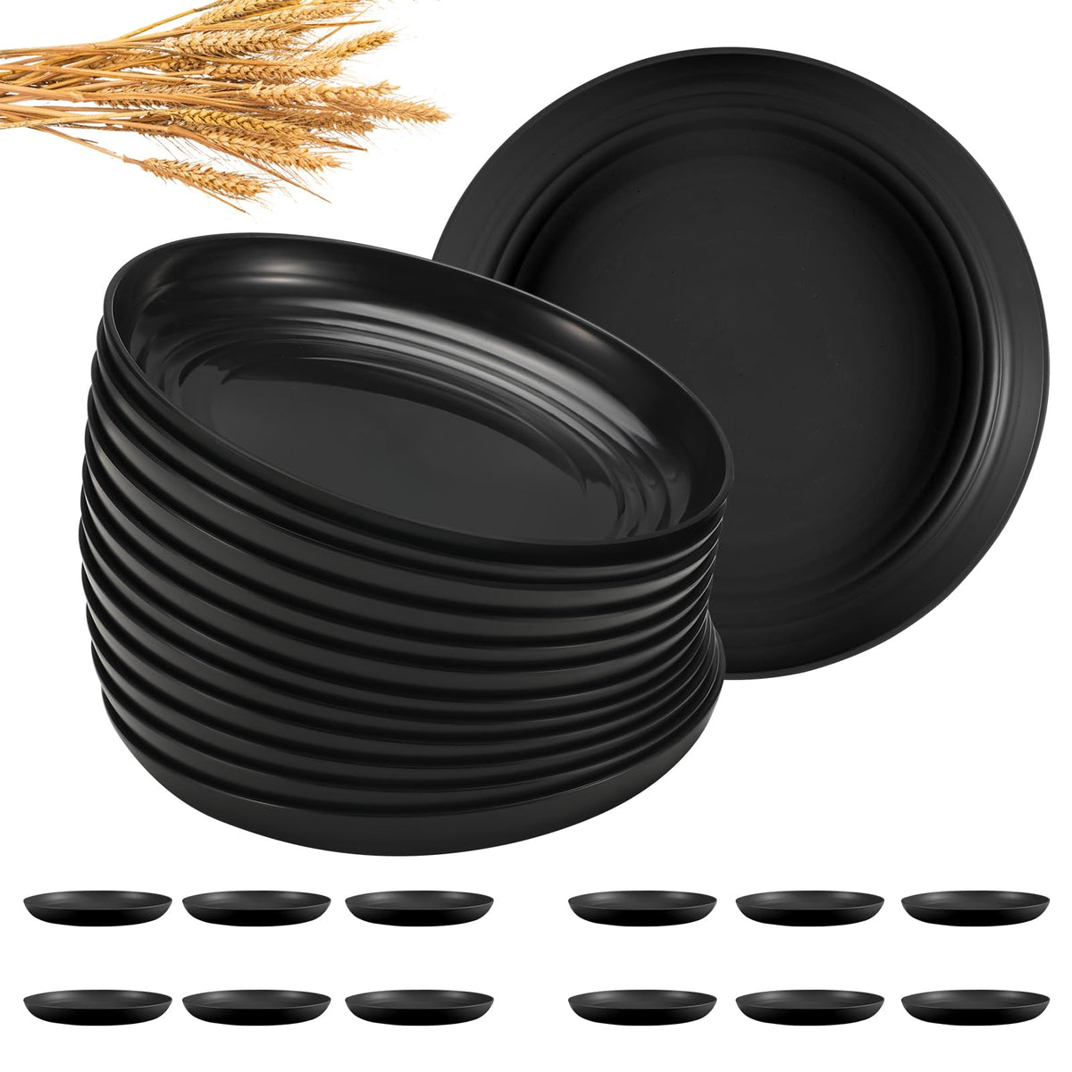HEYCOME 12 Pcs Unbreakable Deep Dinner Plates Set, 10 inch Reusable Plastic Wheat Straw Plates, Microwave and Dishwasher Safe Plate for Kitchen, Lightweight Plate for Dessert, BPA Free, 6 Colors