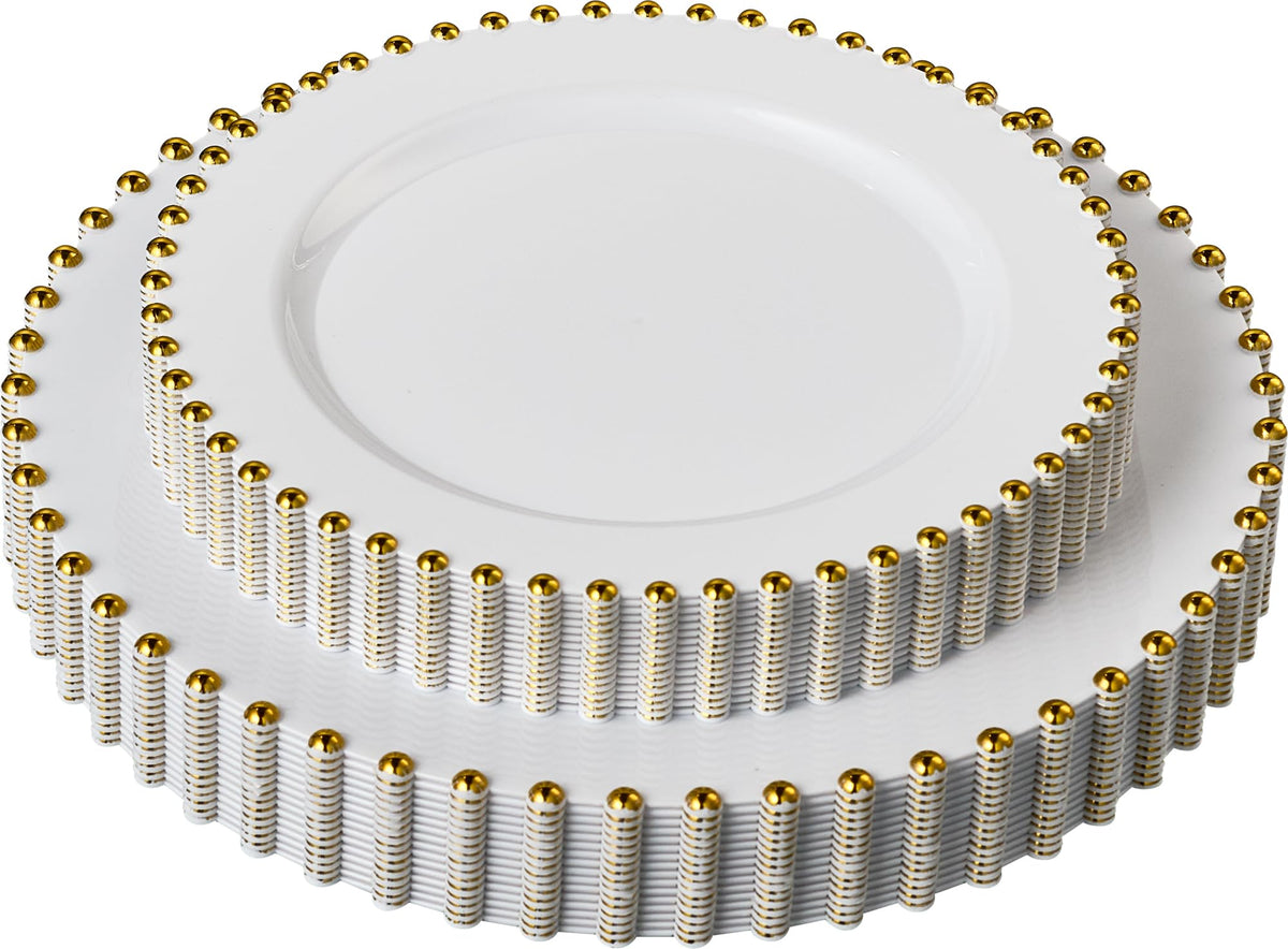 PLASTICPRO 32 Piece Combo Plastic Dinner Plates Disposable Plastic Fancy Heavy Duty Party Dishes 7 inch and 10 inch, White Beaded