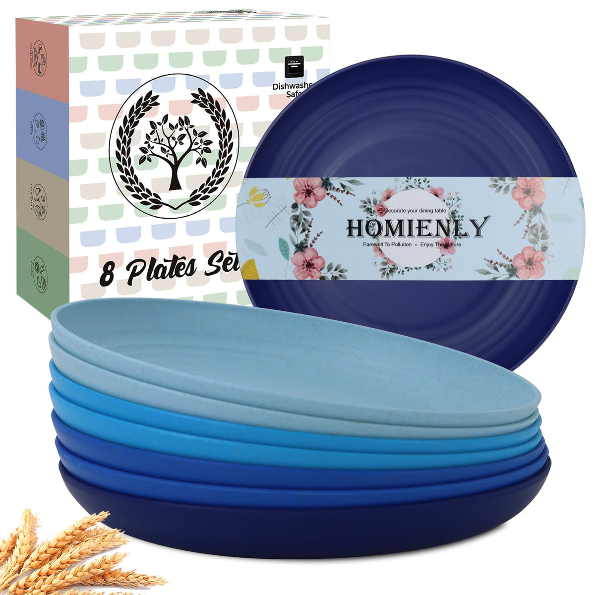 Homienly Deep Dinner Plates Set of 8 Alternative for Plastic Plates Microwave and Dishwasher Safe Wheat Straw Plates for Kitchen Unbreakable Kids Plate Set with 4 Colors (Classic Bright, 9 inch)
