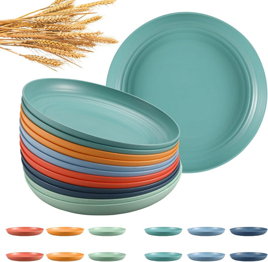 HEYCOME 12 Pcs Unbreakable Deep Dinner Plates Set, 10 inch Reusable Plastic Wheat Straw Plates, Microwave and Dishwasher Safe Plate for Kitchen, Lightweight Plate for Dessert, BPA Free, 6 Colors