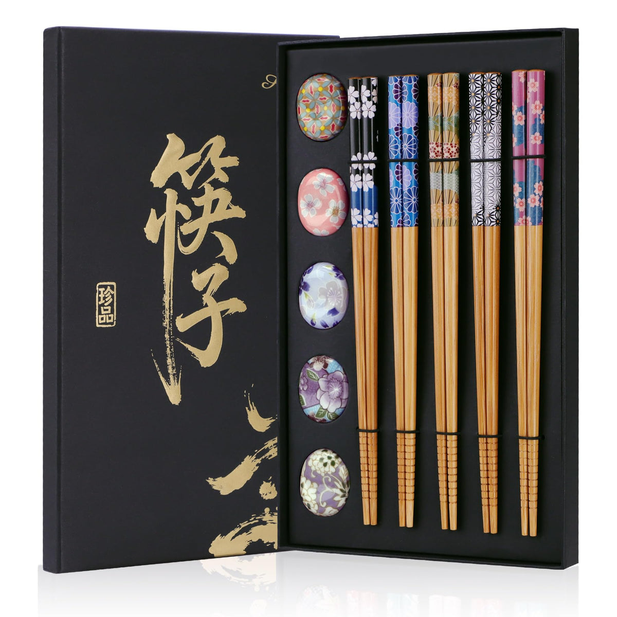 Antner 5 Pairs Reusable Bamboo Chopsticks with Ceramic Rests, 8.8 Inch Japanese Style Chop Sticks with Chopstick Holders for Sushi Ramen Asian Cuisine, Elegant Black Gift Box for Home or Gift Giving