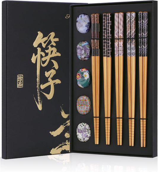 Antner 5 Pairs Reusable Bamboo Chopsticks with Ceramic Rests, 8.8 Inch Japanese Style Chop Sticks with Chopstick Holders for Sushi Ramen Asian Cuisine, Elegant Black Gift Box for Home or Gift Giving