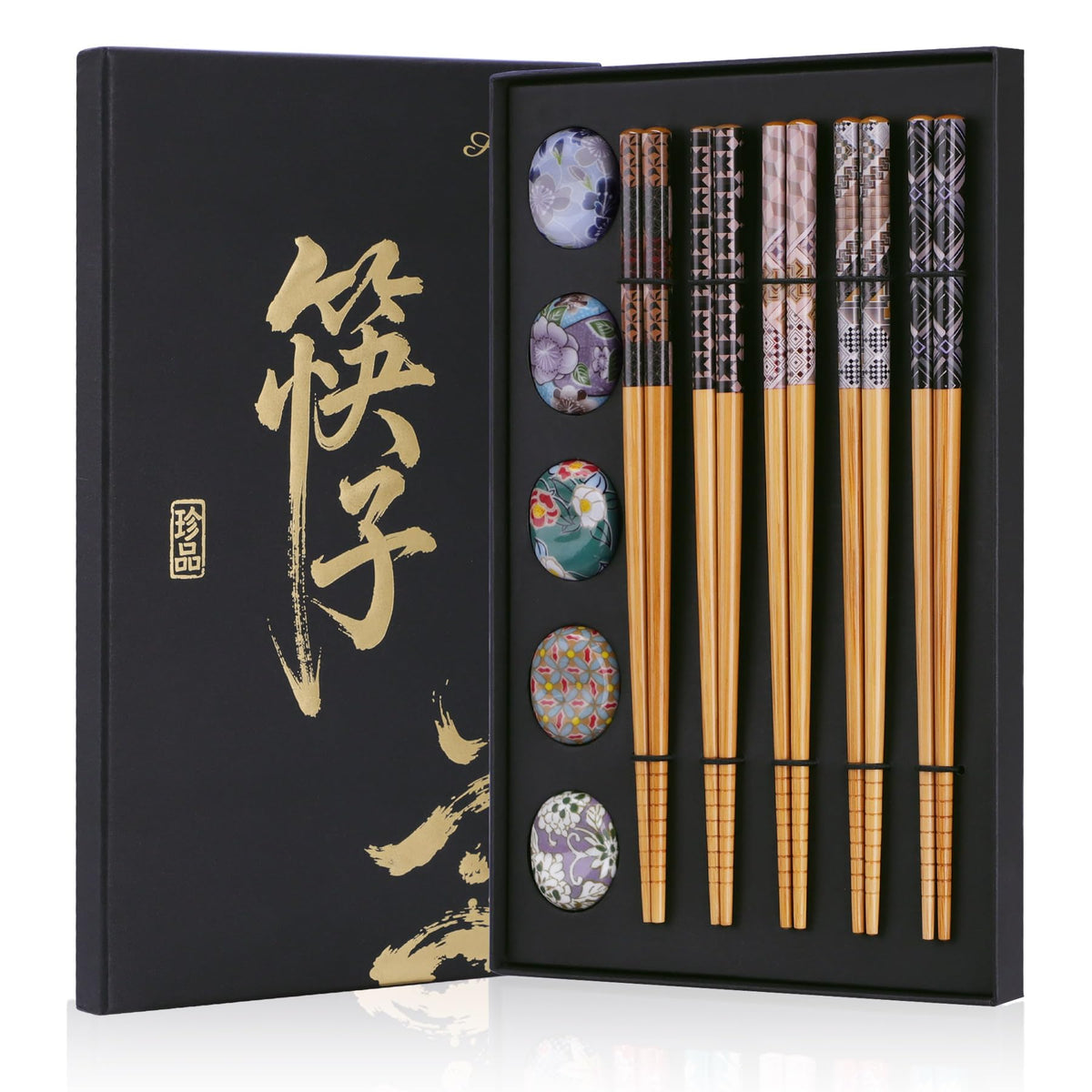 Antner 5 Pairs Reusable Bamboo Chopsticks with Ceramic Rests, 8.8 Inch Japanese Style Chop Sticks with Chopstick Holders for Sushi Ramen Asian Cuisine, Elegant Black Gift Box for Home or Gift Giving