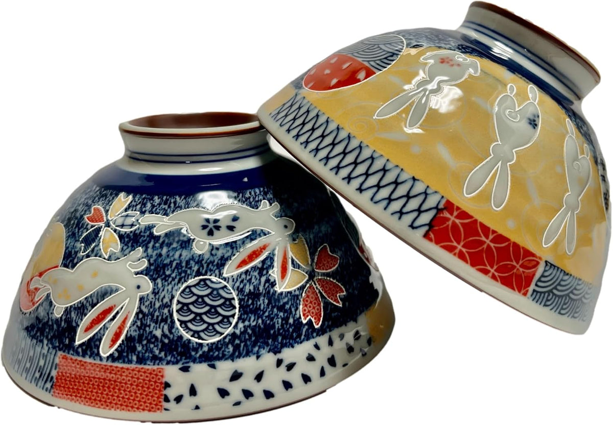 Japanese Mino Ware Ceramic Rice Bowl Set, 4.84 Inches Diameter x H2.56 Inches, 13.3 Fluid Ounces Set of 2 from Japan (Rabbits and Flowers Design)
