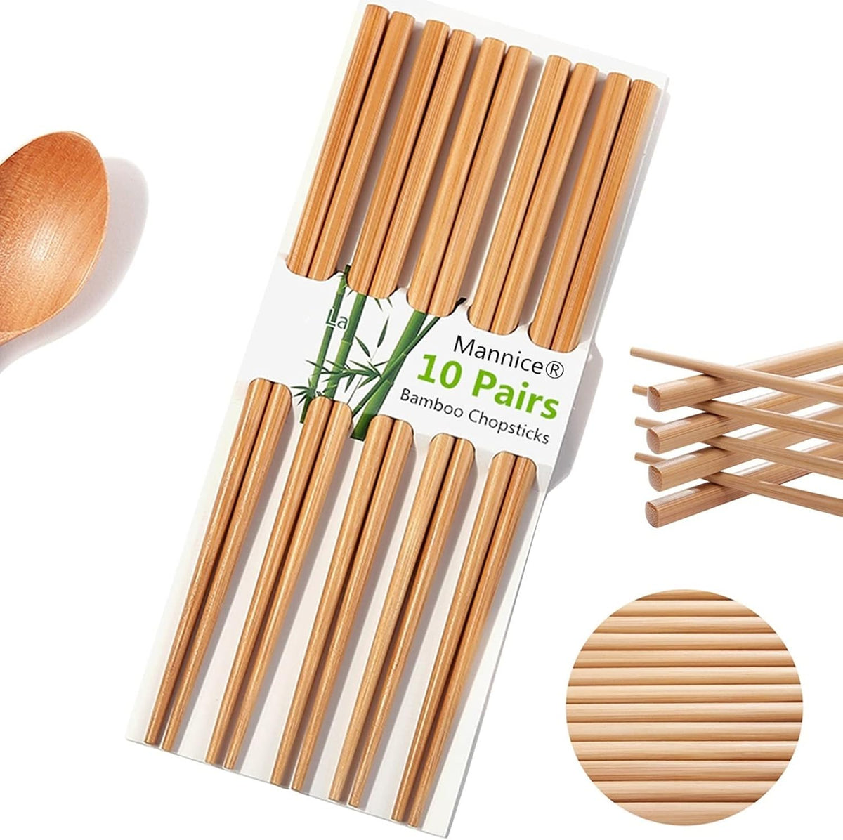 Mannice 10 Pairs Bamboo Chopsticks Reusable Chop Sticks Dishwasher Safe