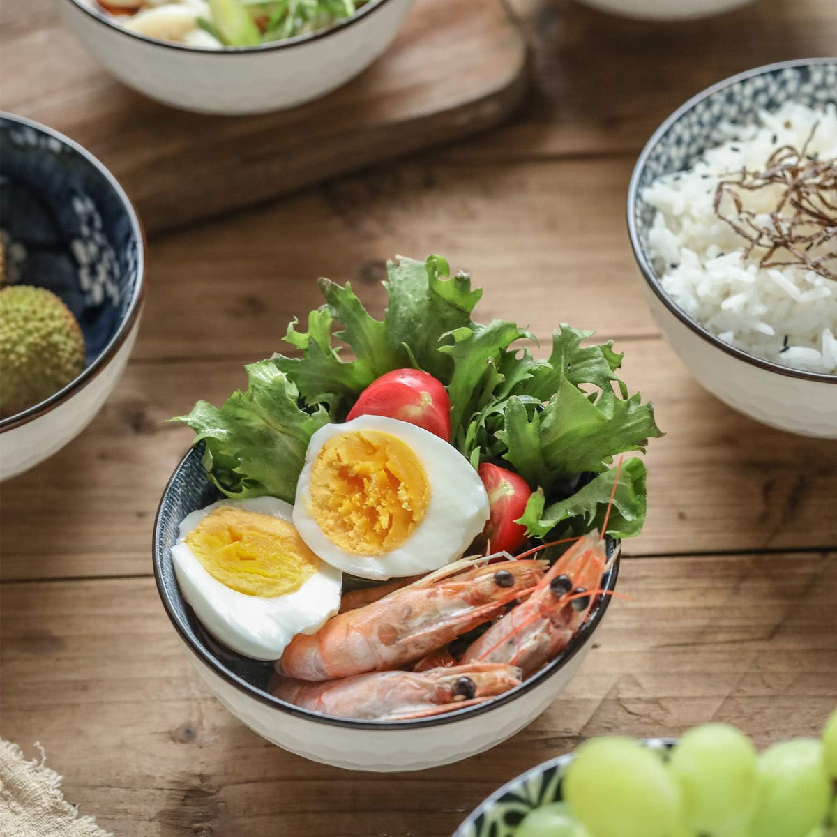 Japanese Style Ceramic Rice Bowls,10 Ounces Small Salad,Soup,Ice Cream Snack Dip Bowl Set of 6,Blue and White Floral Microwave Safe for Kitchen (4.5 inch)