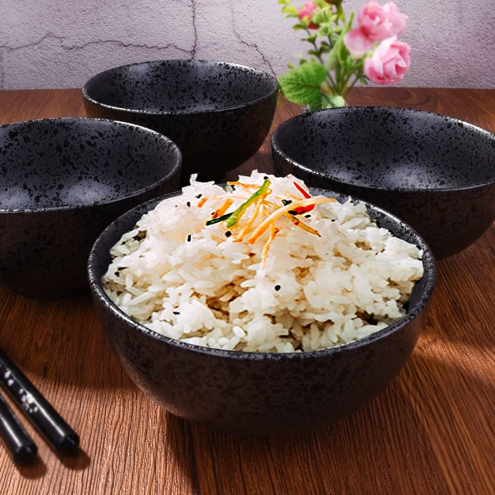 Japanese Ceramic Rice Bowl Set of 4,4.5 Inch Speckled Black Small Bowls