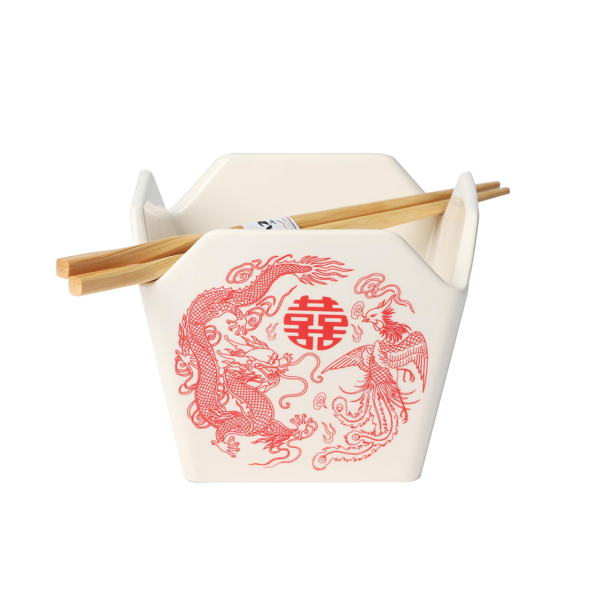 Urban Tokyo Chinese Takeout Box Style Porcelain Bowl With Chopsticks 18 fl oz Square Shape Rice Noodles Pasta To Go Box Shaped Bowl Microwave Dishwasher Safe (Classic Pagoda)