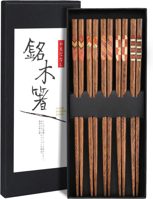 Antner 5 Pairs Wooden Chopsticks Reusable Japanese Hardwood Chop Sticks