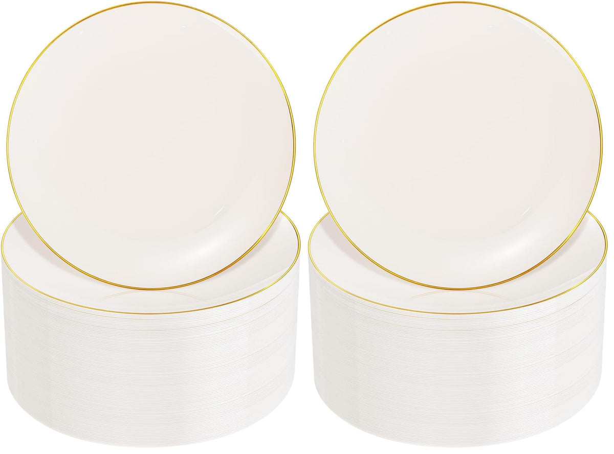 Nervure 100PCS White with Gold Rim Plastic Plates, 7.5″ Disposable Plates