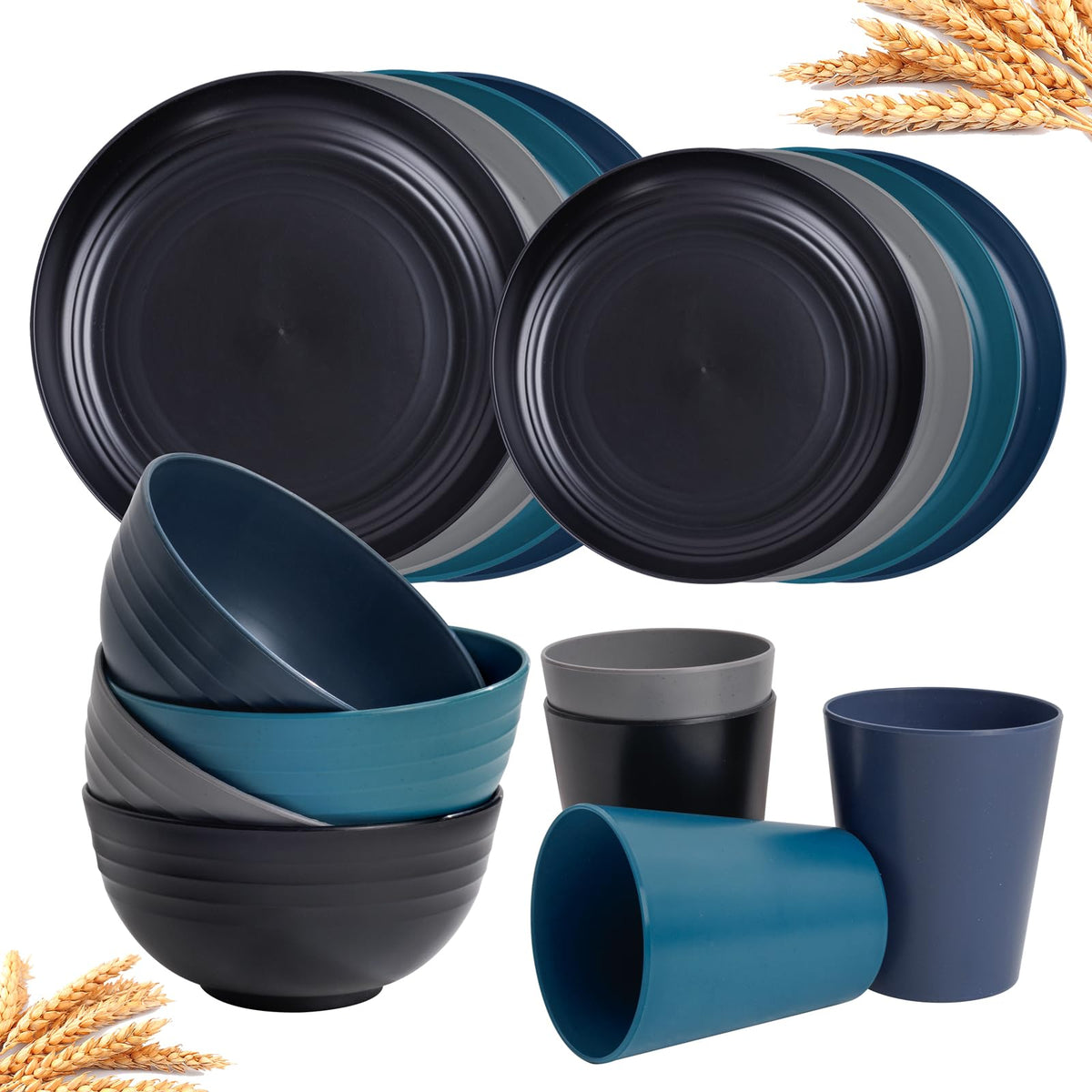 Rubtlamp Wheat Straw Dinnerware Sets, 16PCS Plastic Dinnerware Set for 4, Wheat Straw Plates and Bowls Sets, Unbreakable Dinnerware Plastic Microwave Safe Dishes Set for Kitchen&Camping