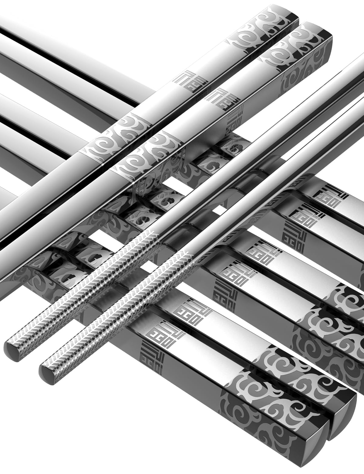 Metal Chopsticks Reusable 18/8 Stainless Steel Sleek Engraving Patterns Chop Sticks Reusable Dishwasher Safe Non-Slip Chopsticks+Flower Silver 5 Pairs