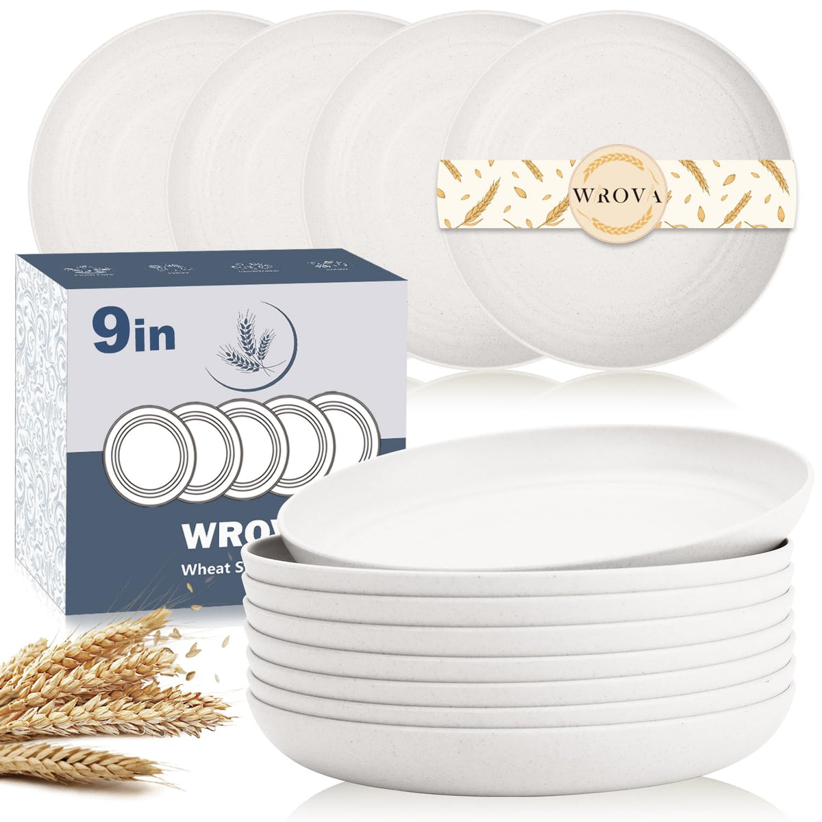 Wrova Large Wheat Straw Dinner Plates - 11 Inch Unbreakable Set of 8 - Dishwasher & Microwave Safe, Deep Edge for Kitchen and Camping (Black)