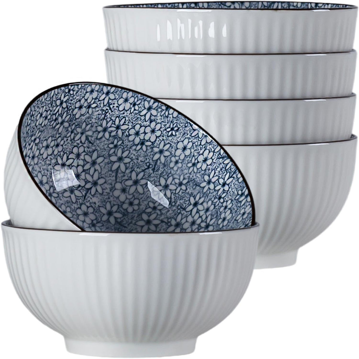 Houlu ceramic rice bowl 30 oz, Japanese bowl set, various tableware for grains, soups, desserts, snacks, fruits, Pack of 6