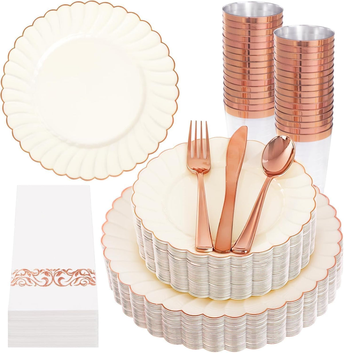 YOUBET 350PCS Ivory Scalloped Plastic Plates for Wedding Party